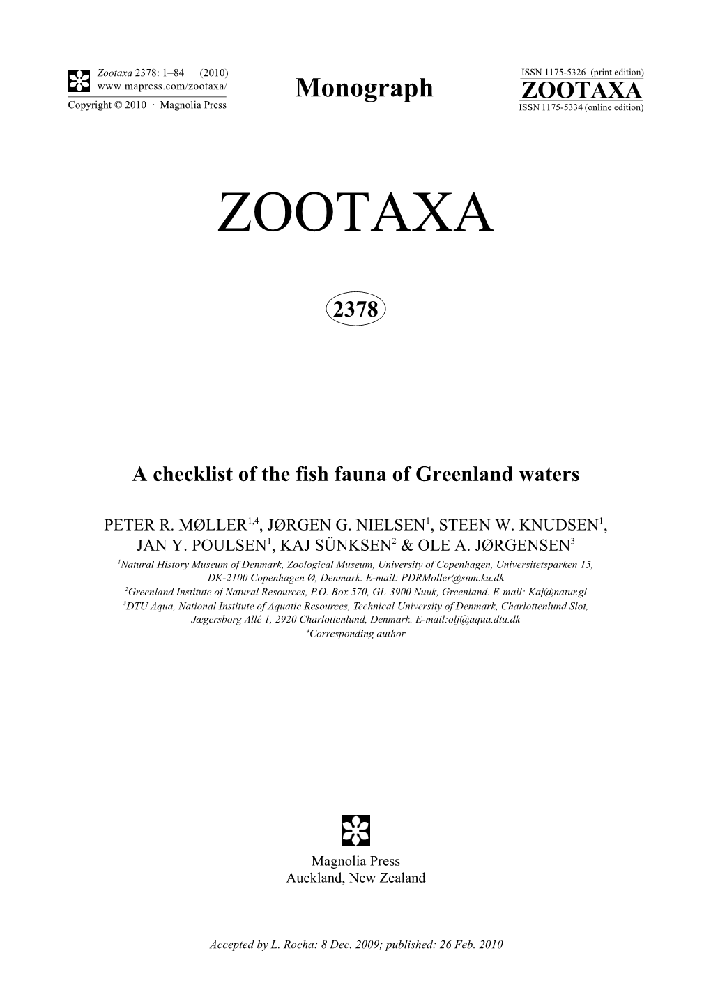 Zootaxa, a Checklist of the Fish Fauna of Greenland Waters