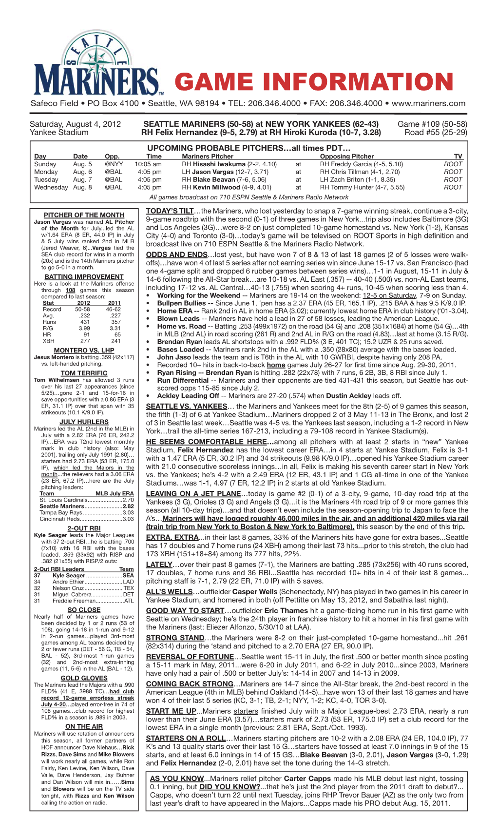 Mariners Game Notes • Saturday • August 4, 2012 • at New York Yankees\ • Page 2