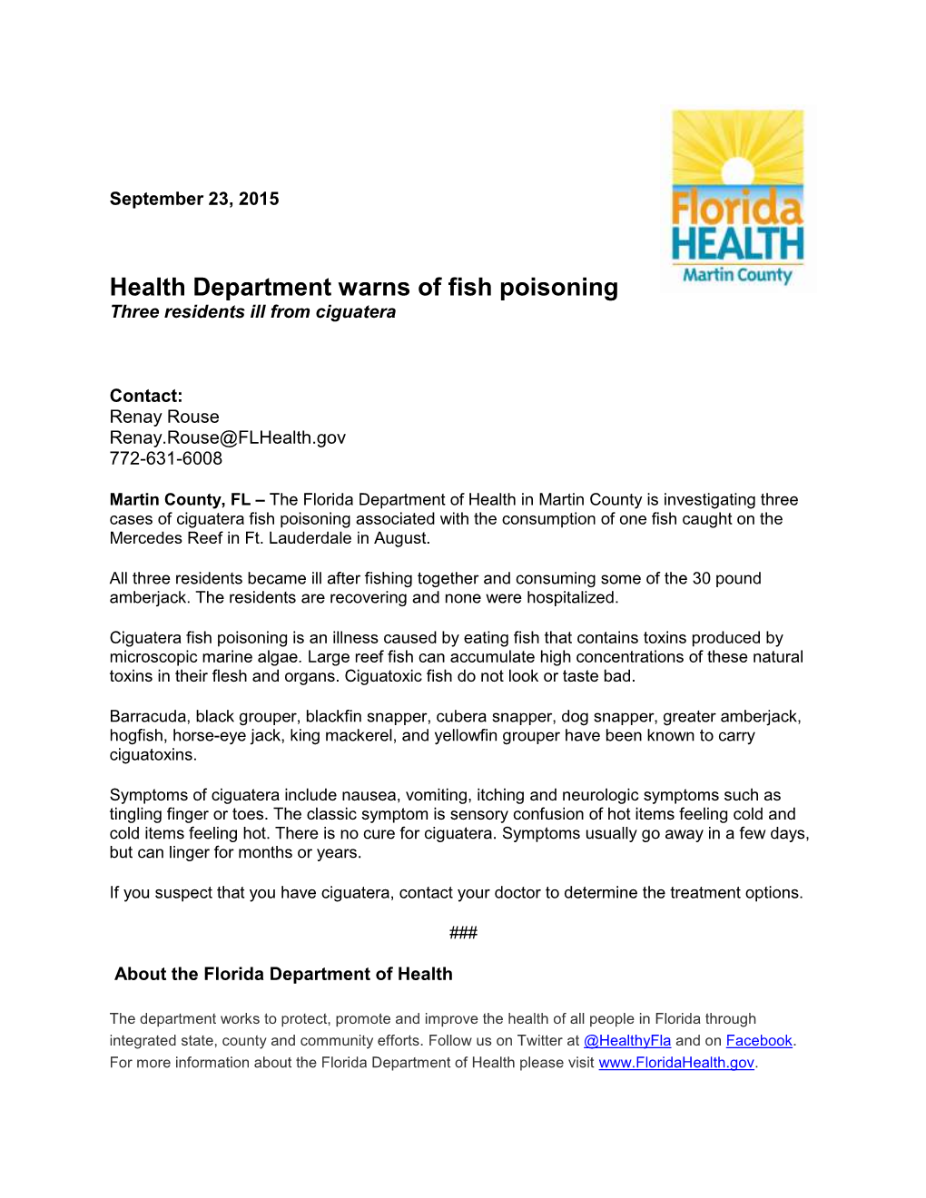 Health Department Warns of Fish Poisoning Three Residents Ill from Ciguatera