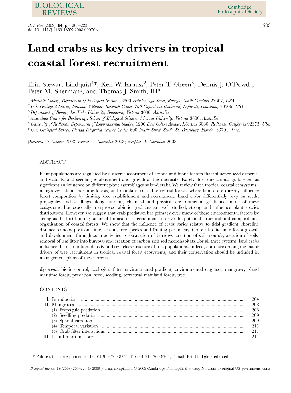 Land Crabs As Key Drivers in Tropical Coastal Forest Recruitment