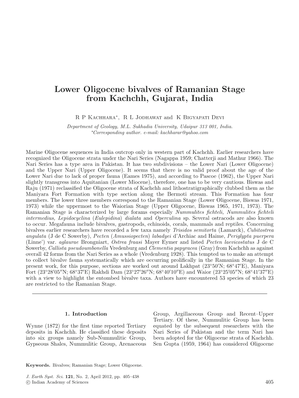 Lower Oligocene Bivalves of Ramanian Stage from Kachchh, Gujarat, India