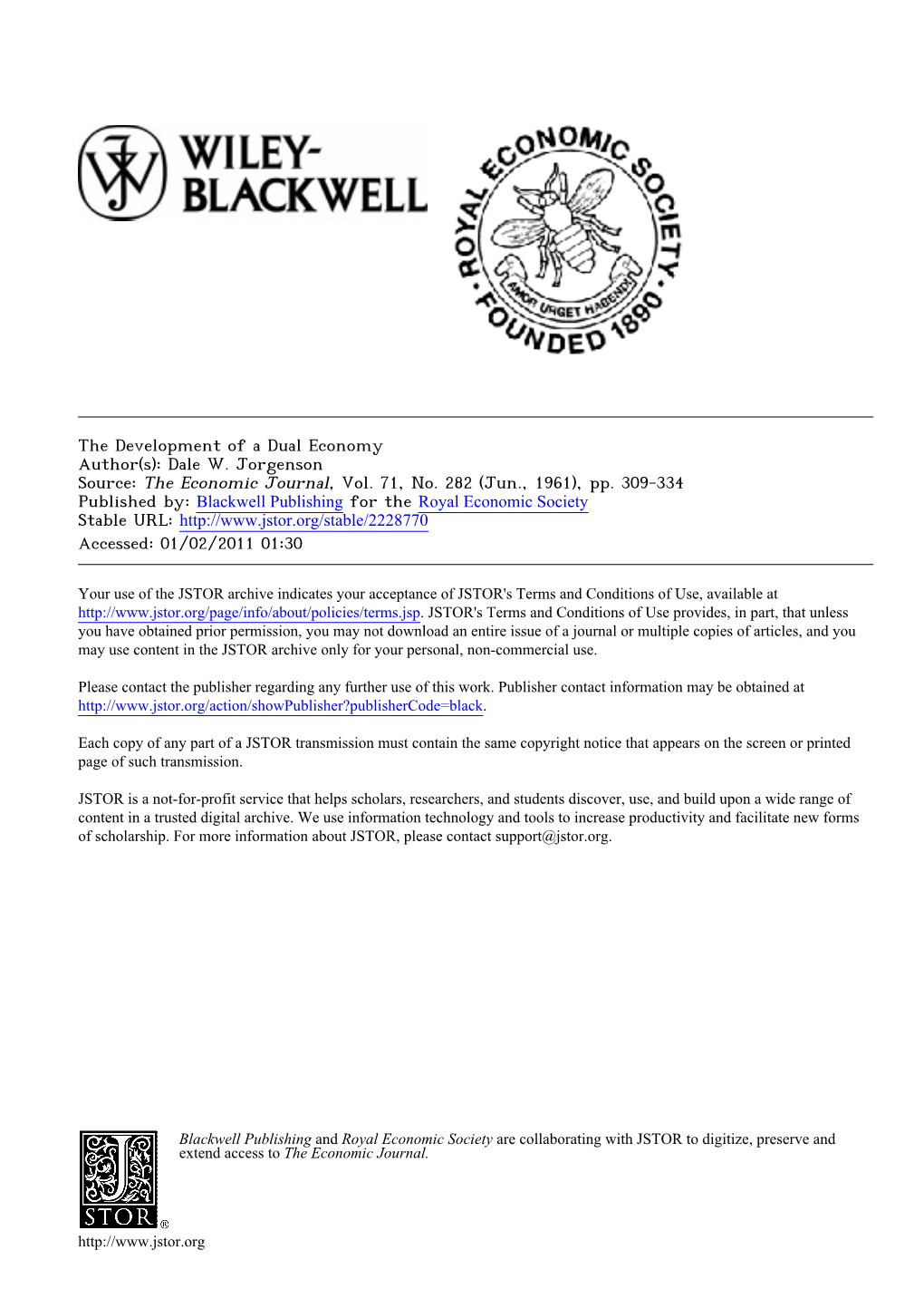 The Development of a Dual Economy Author(S): Dale W. Jorgenson Source: the Economic Journal, Vol