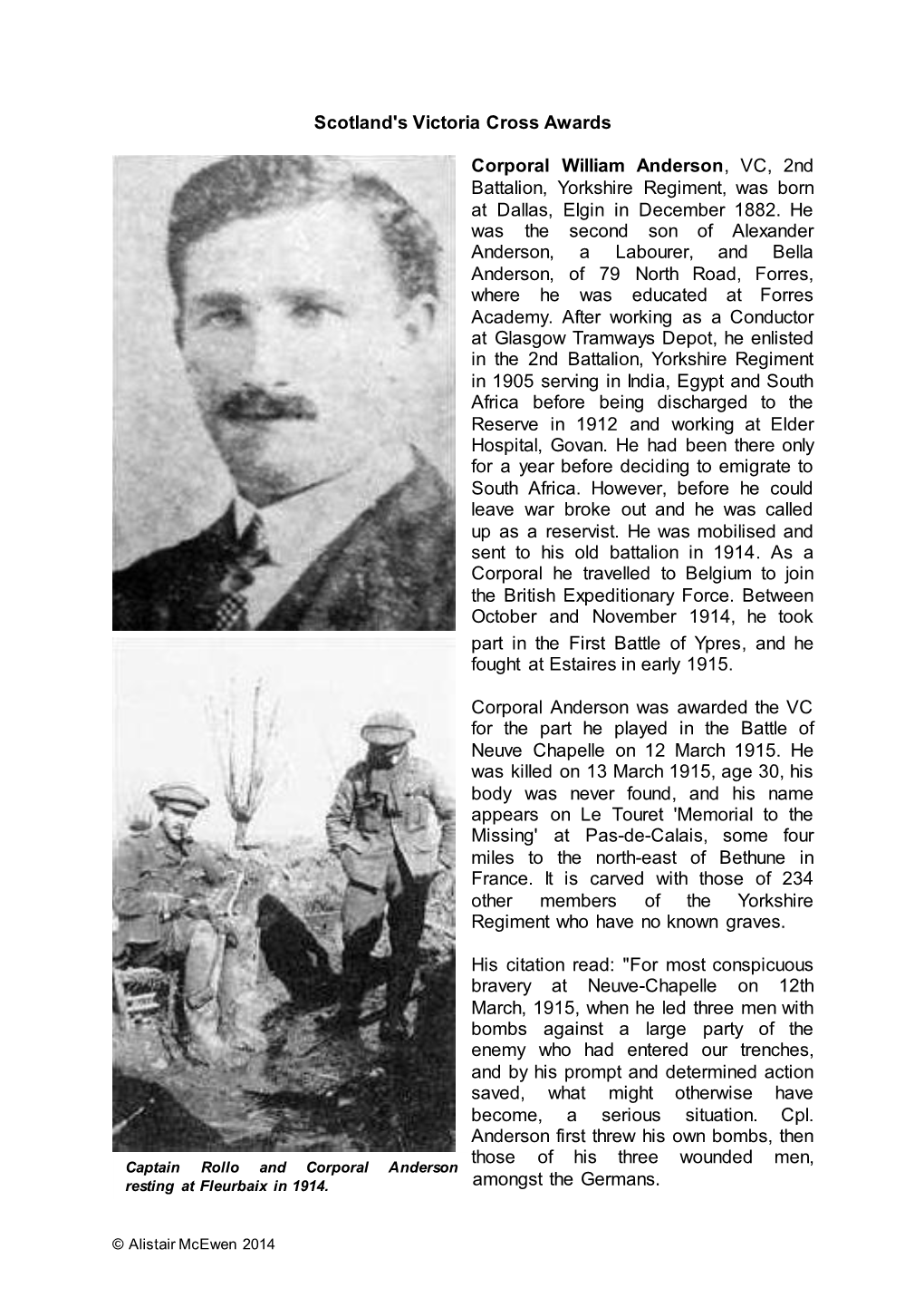 Scotland's Victoria Cross Awards Corporal William Anderson, VC