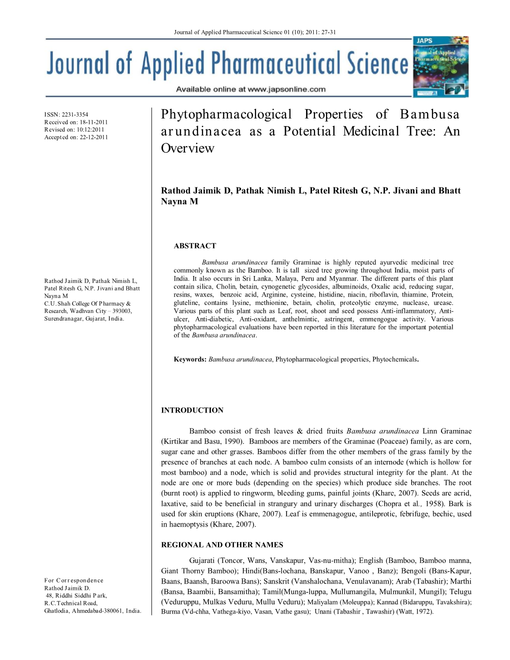 Phytopharmacological Properties of Bambusa Arundinacea As A