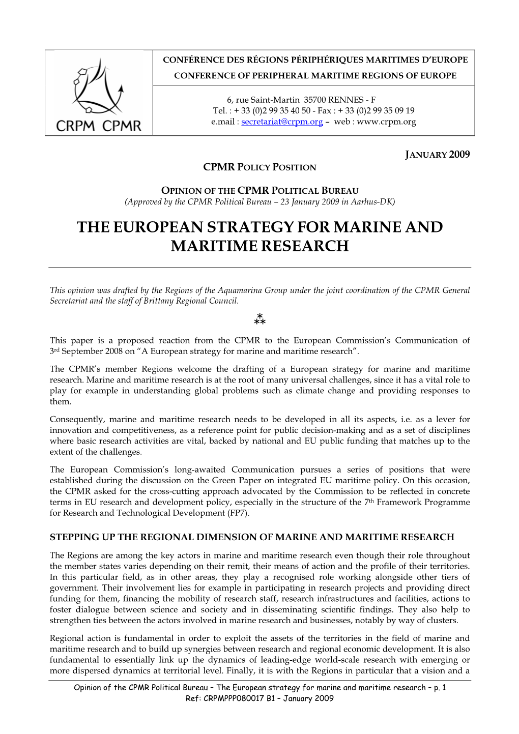 The European Strategy for Marine and Maritime Research