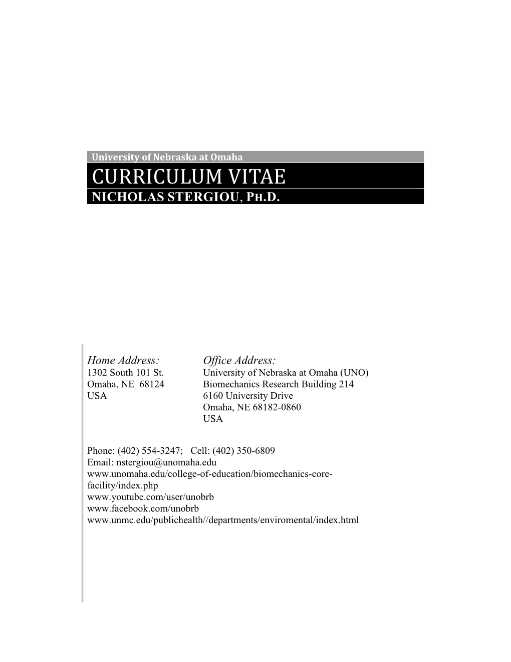 Curriculum Vitae Nicholas Stergiou, Ph.D