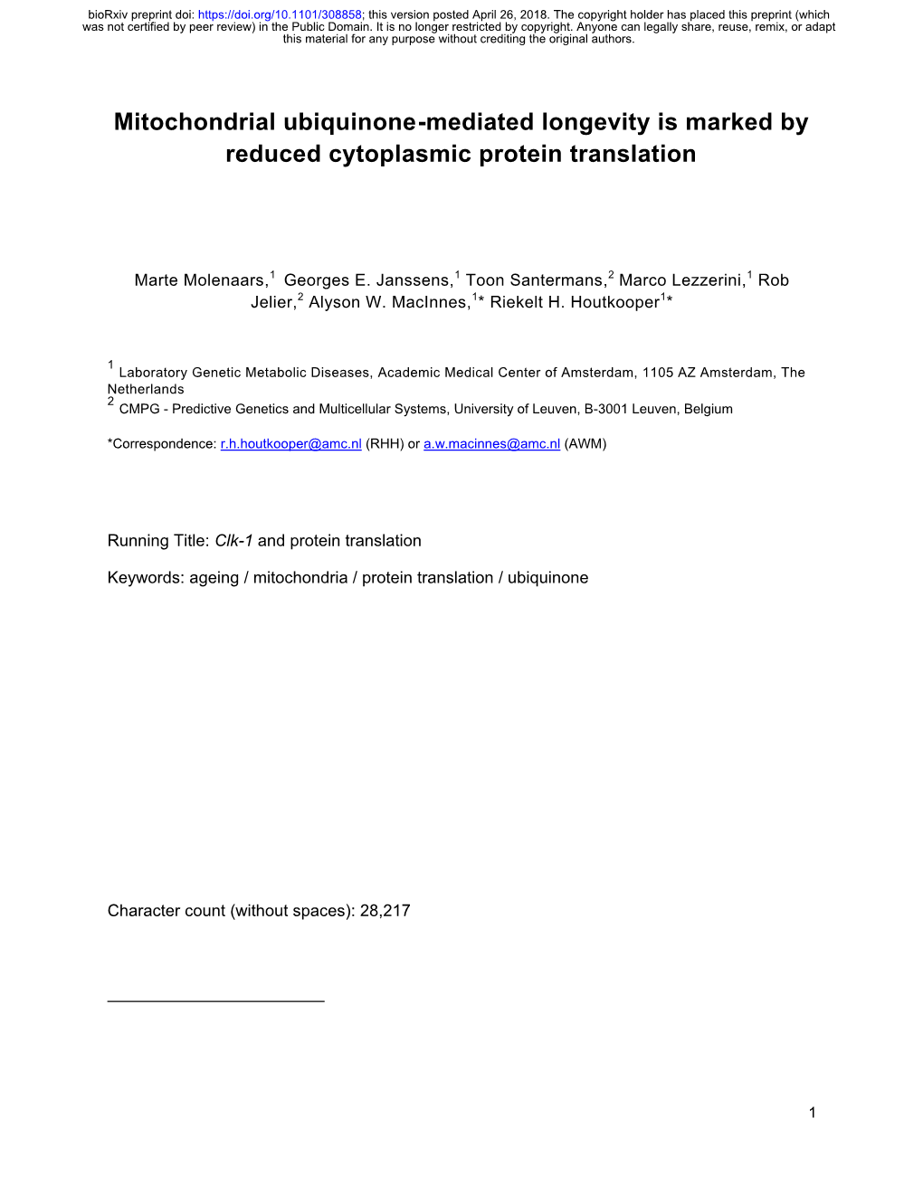 Mitochondrial Ubiquinone-Mediated Longevity Is Marked by Reduced Cytoplasmic Protein Translation