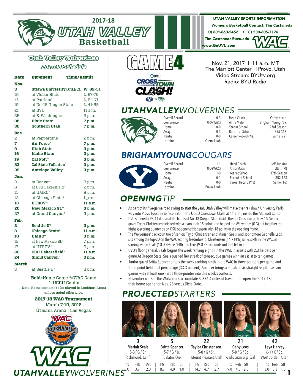 UTAH VALLEY SPORTS INFORMATION Women’S Basketball Contact: Tim Castaneda UTAH VALLEY O) 801-863-5452 | C) 530-605-7176 Tim.Castaneda@Uvu.Edu Basketball