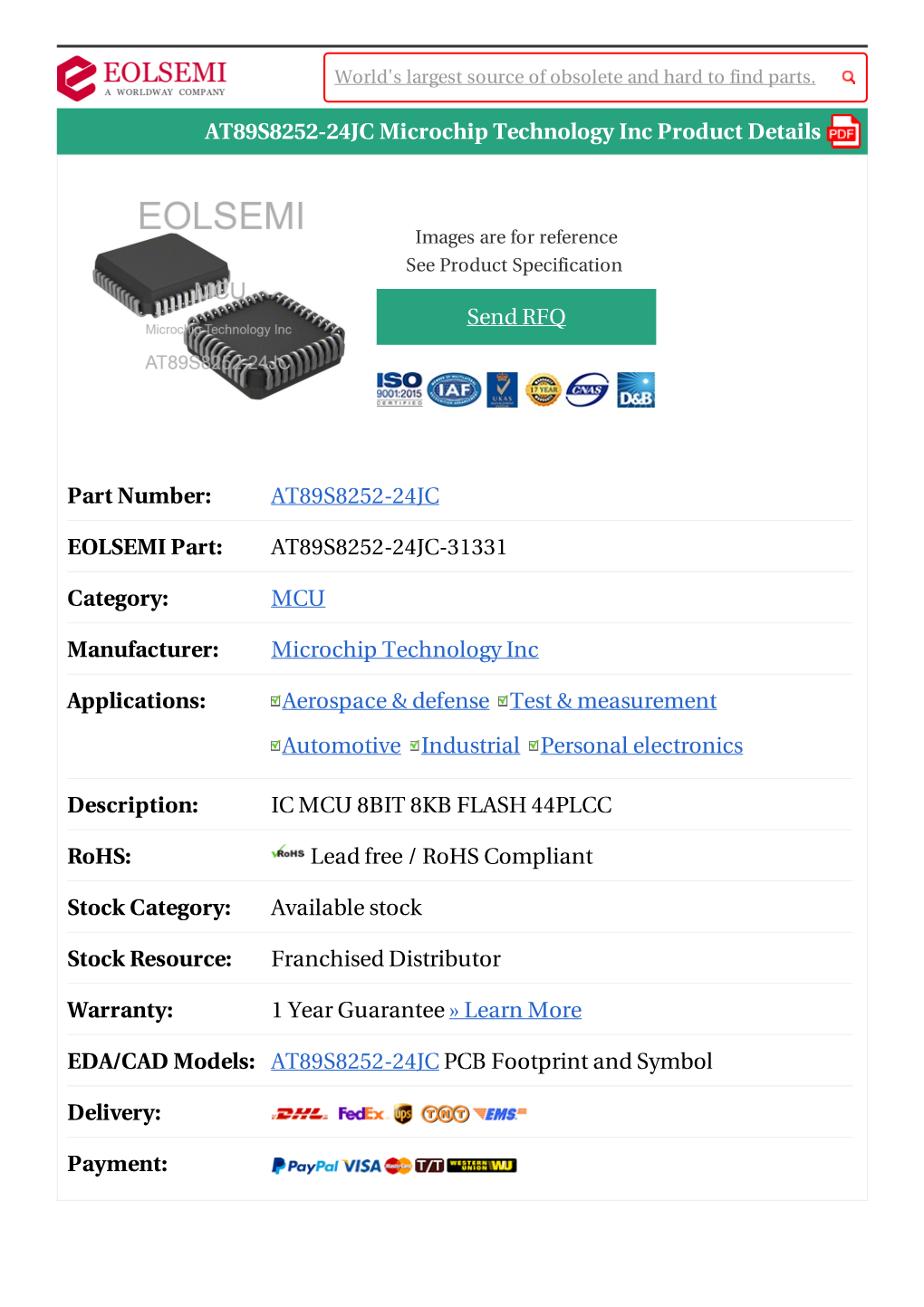 AT89S8252-24JC Microchip Technology Inc Product Details