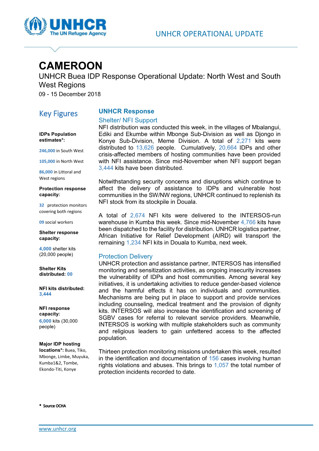 CAMEROON UNHCR Buea IDP Response Operational Update: North West and South West Regions 09 - 15 December 2018