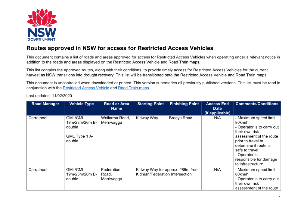 Routes Approved in NSW for Access for Restricted Access Vehicles