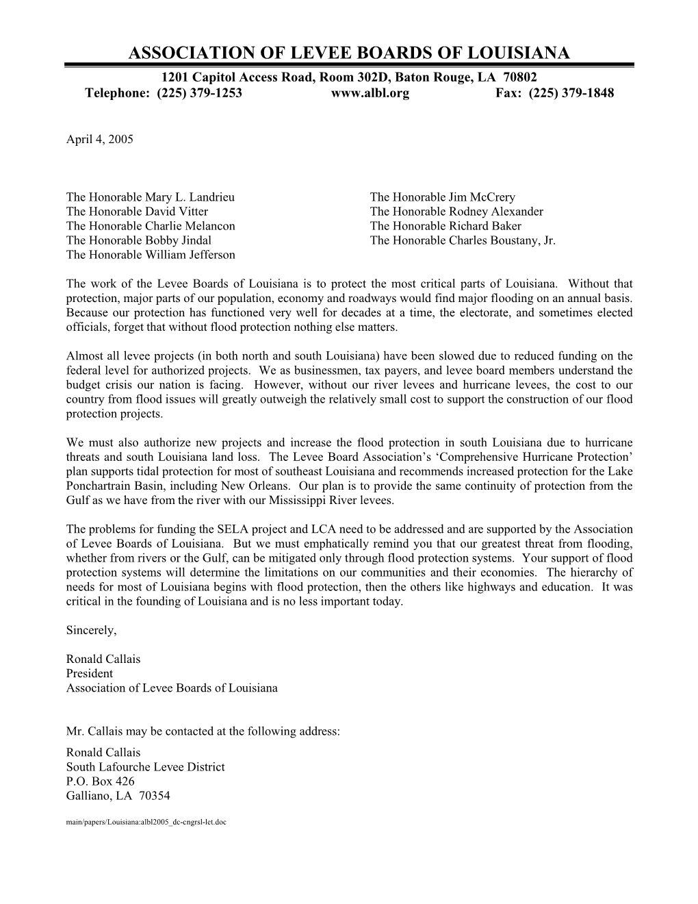 ALBL: Letter to LA's Congressional Delegation