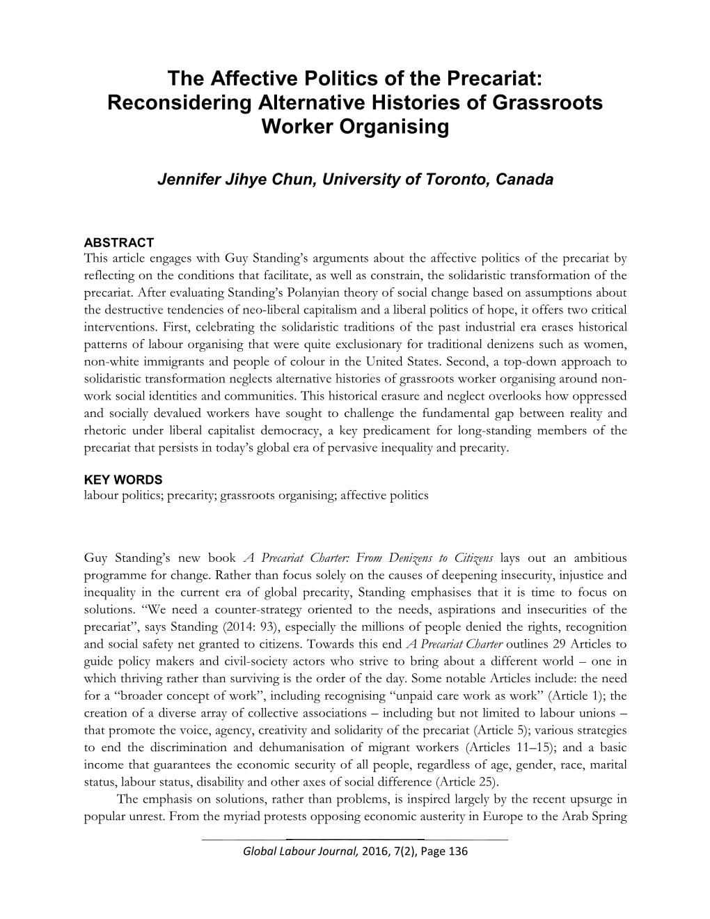 The Affective Politics of the Precariat: Reconsidering Alternative Histories of Grassroots Worker Organising