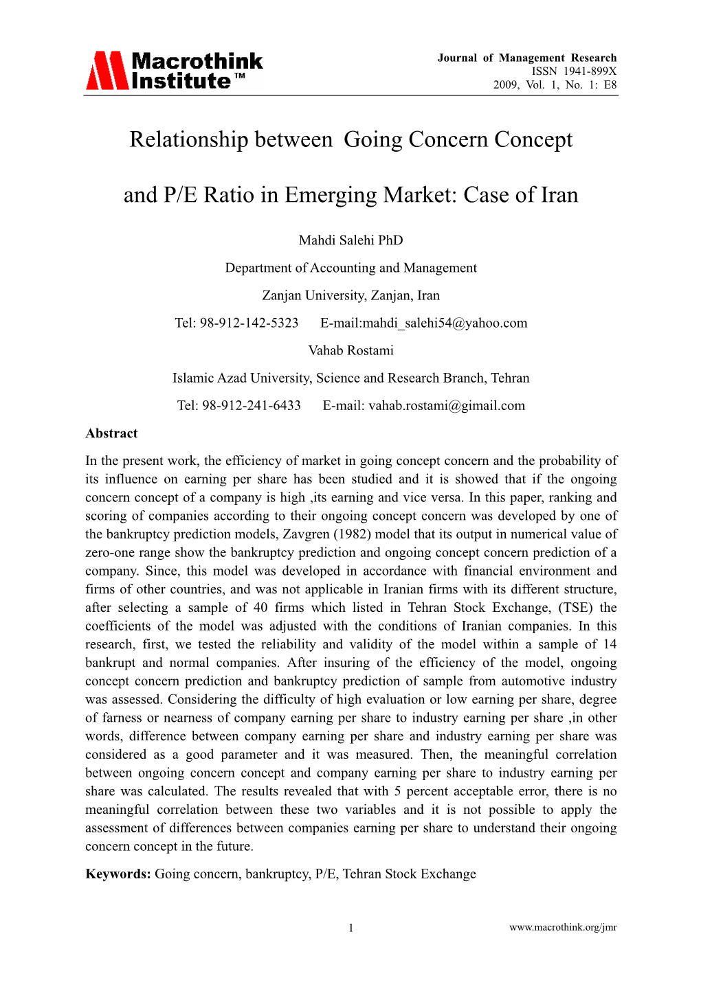 Relationship Between Going Concern Concept and P/E Ratio in Emerging