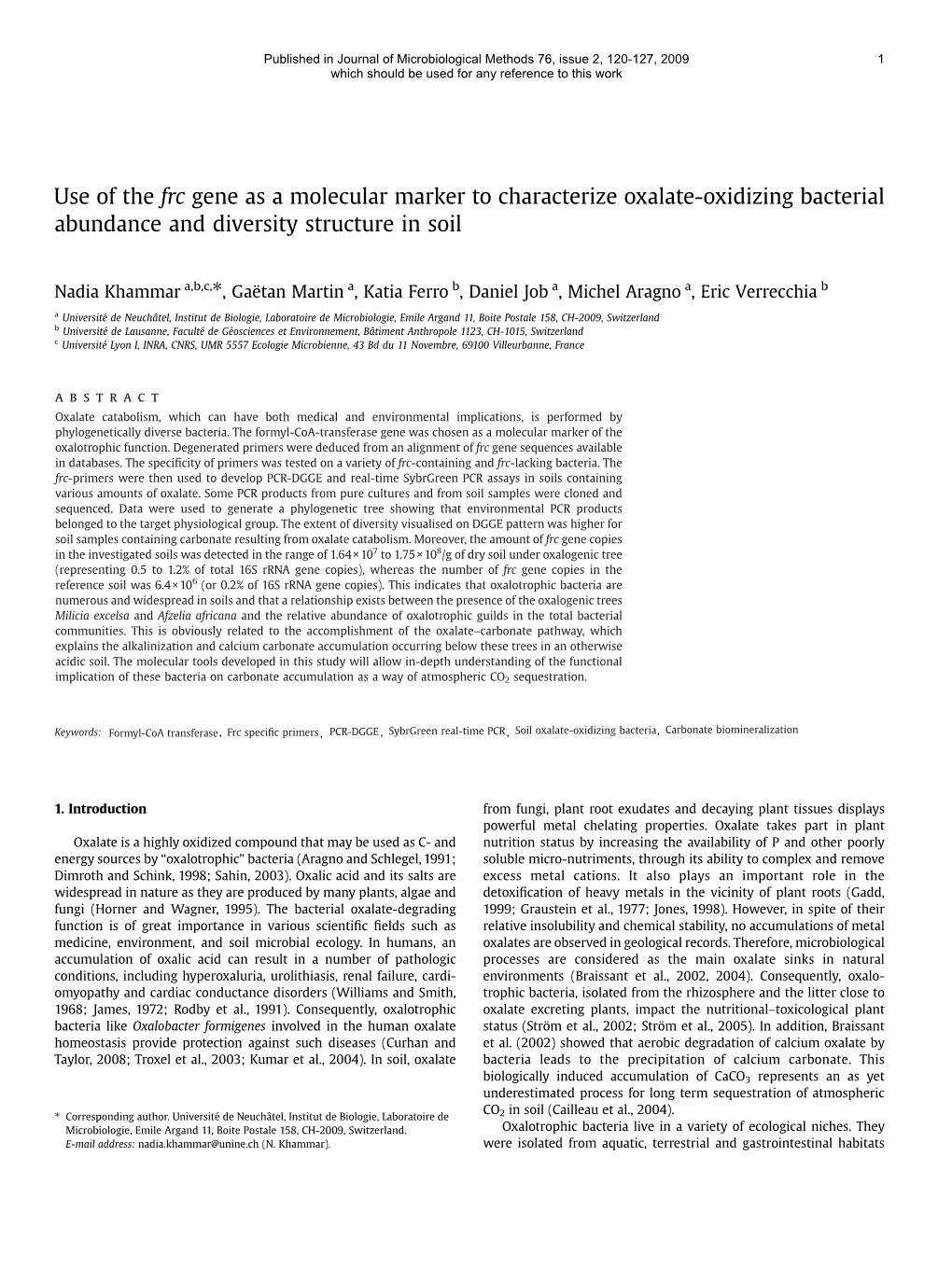 Use of the Frc Gene As a Molecular Marker to Characterize Oxalate-Oxidizing Bacterial Abundance and Diversity Structure in Soil