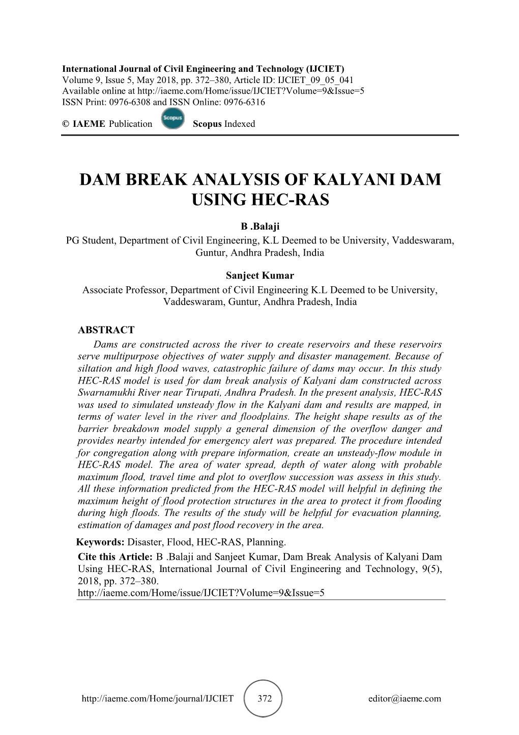 Dam Break Analysis of Kalyani Dam Using Hec-Ras