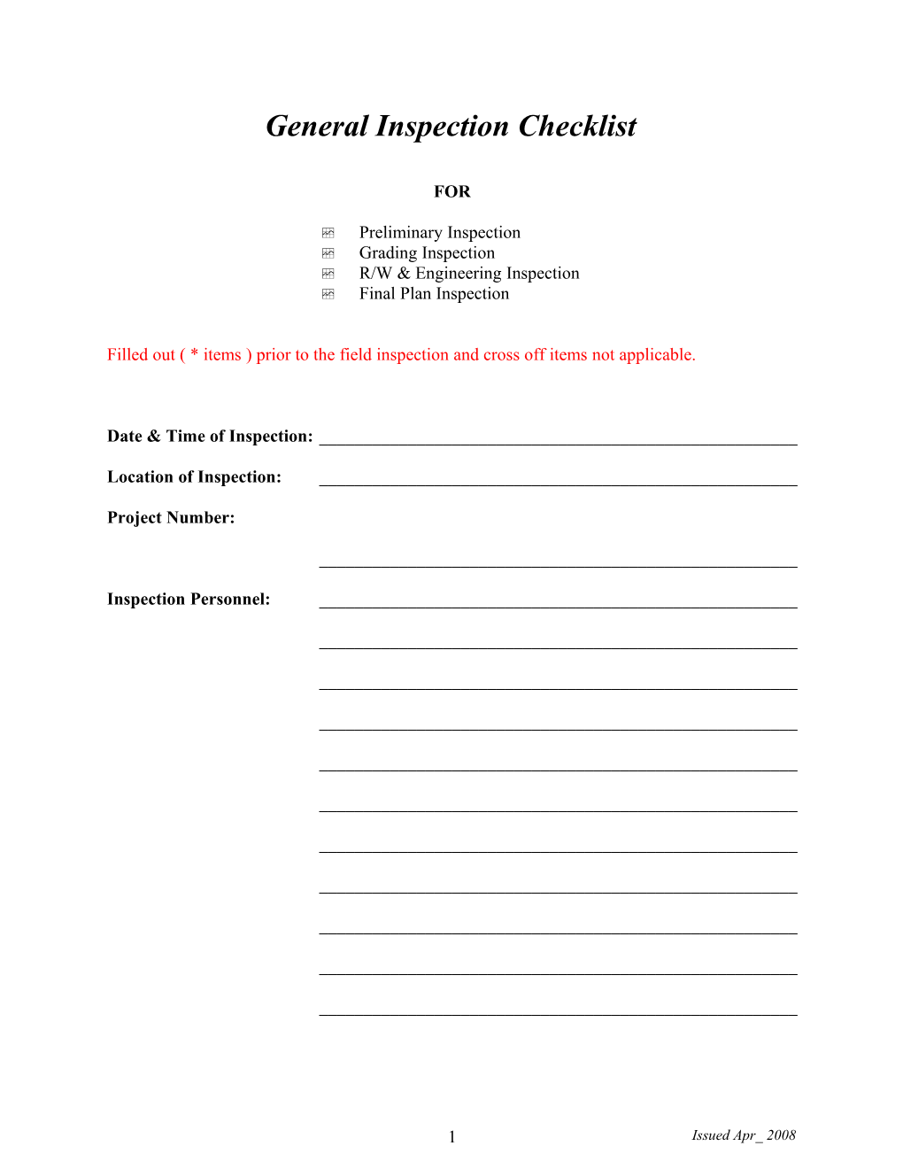 General Inspection Checklist