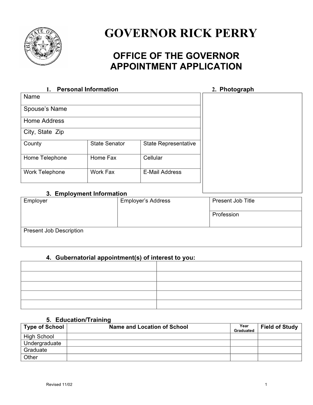 Office of the Governor Appointment Application