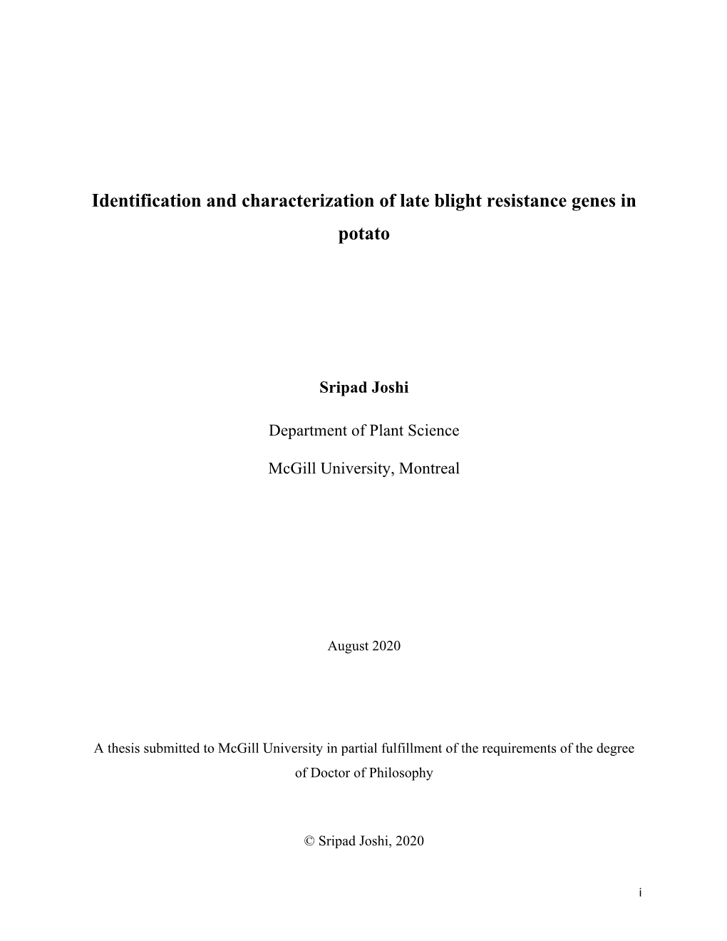 Identification and Characterization of Late Blight Resistance Genes in Potato