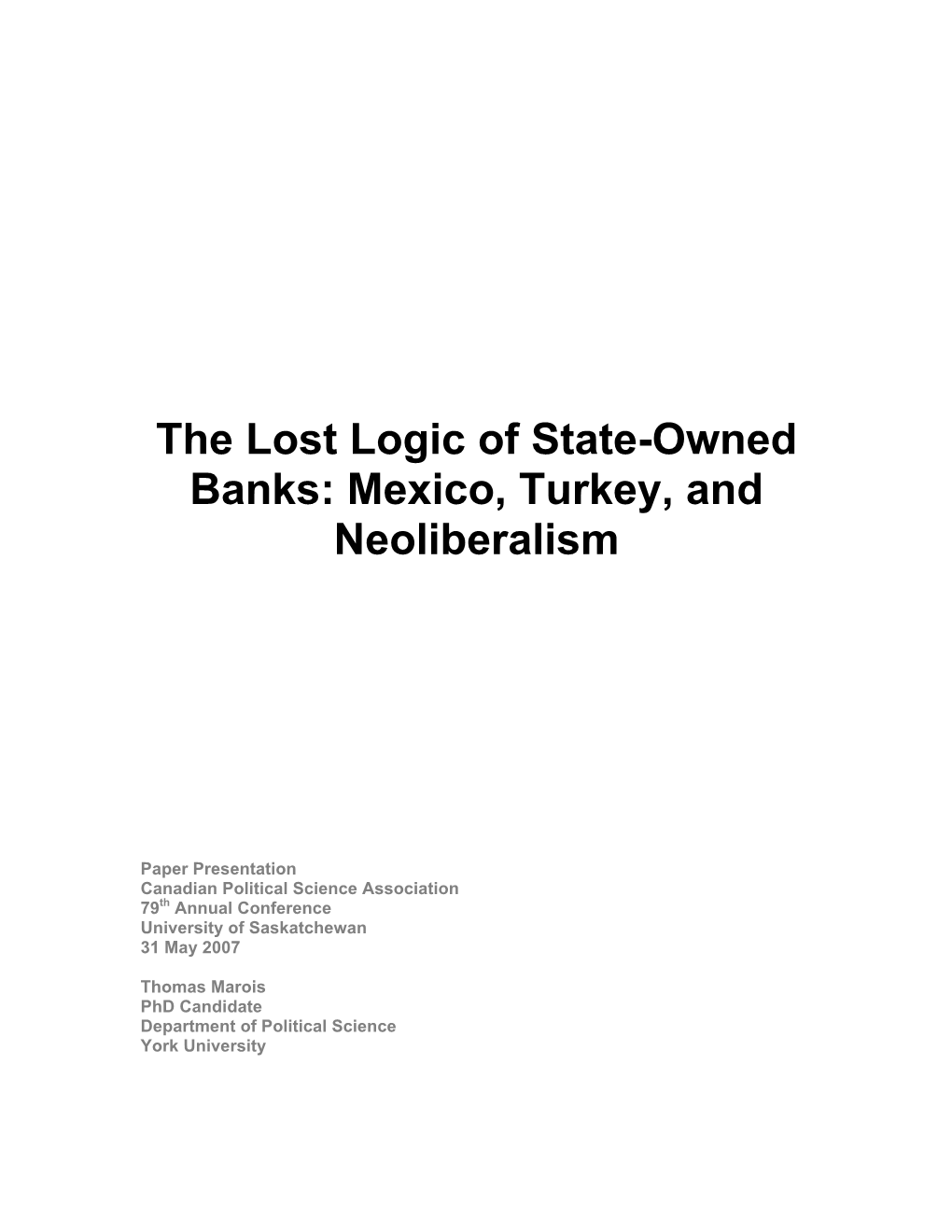 The Lost Logic of State-Owned Banks: Mexico, Turkey, and Neoliberalism