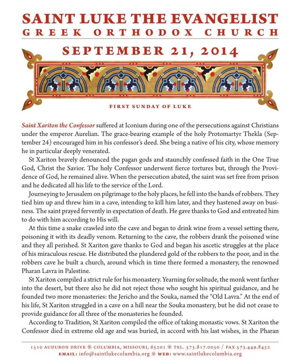 SAINT LUKE the EVANGELIST GREEK ORTHODOX CHURCH September 21, 2014