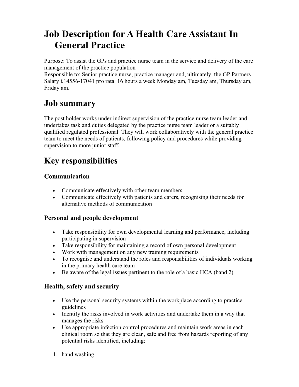 Level 2 - Job Description For A Health Care Assistant In General Practice