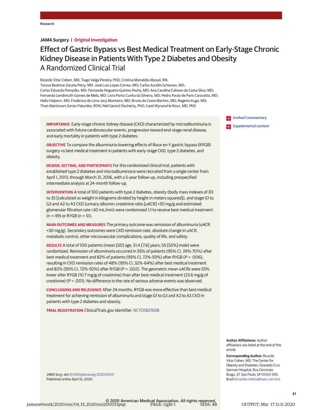 Effect of Gastric Bypass Vs Best Medical Treatment on Early-Stage Chronic Kidney Disease in Patients with Type 2 Diabetes and Obesity a Randomized Clinical Trial