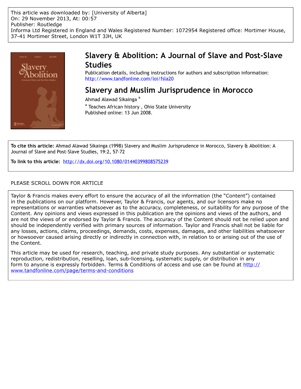 Slavery & Abolition: a Journal of Slave and Post-Slave Studies Slavery and Muslim Jurisprudence in Morocco