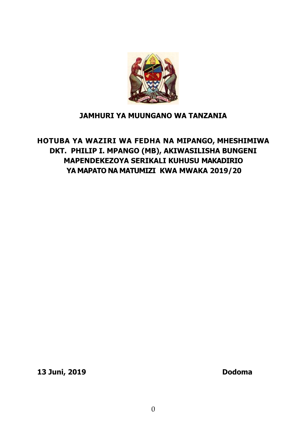 Jamhuri Ya Muungano Wa Tanzania Hotuba Ya Waziri Wa Fedha