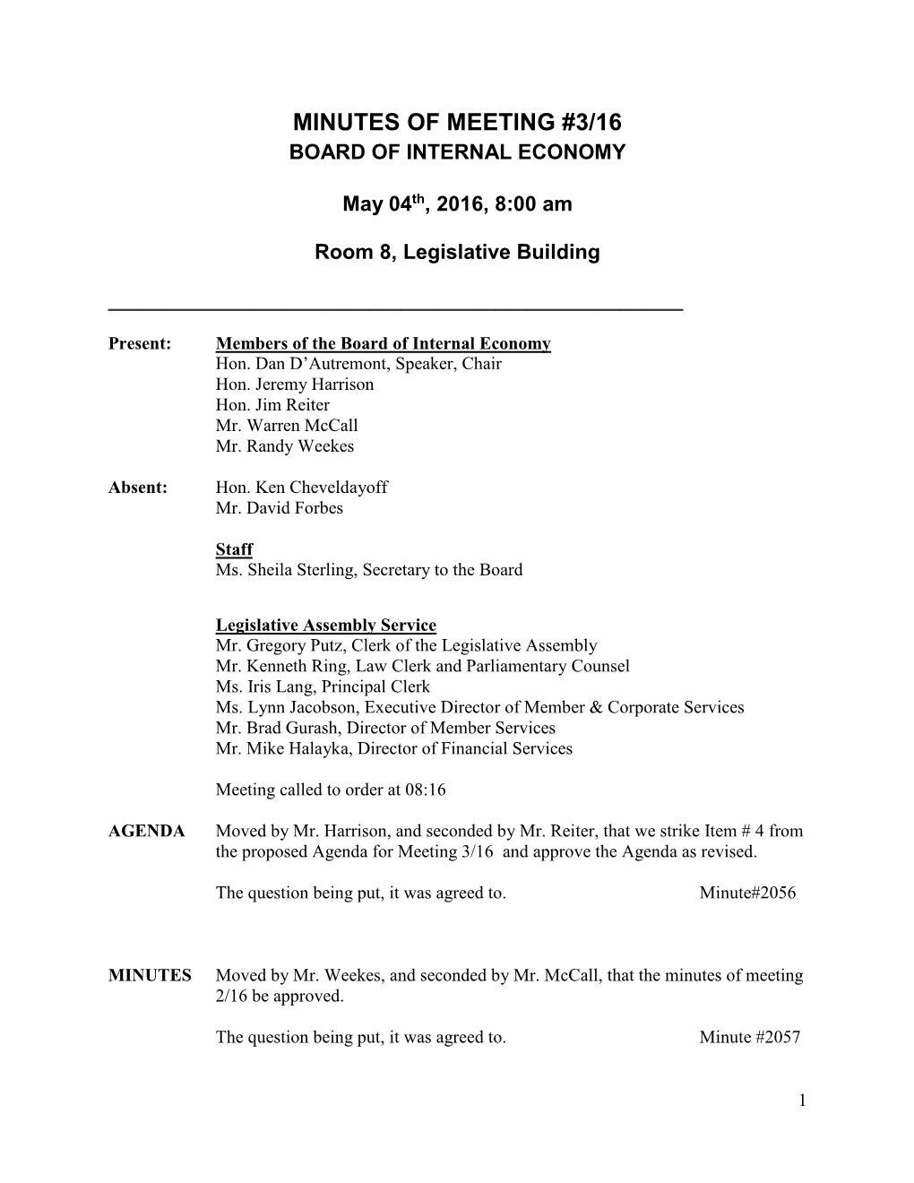 Minutes of Meeting #3/16 Board of Internal Economy