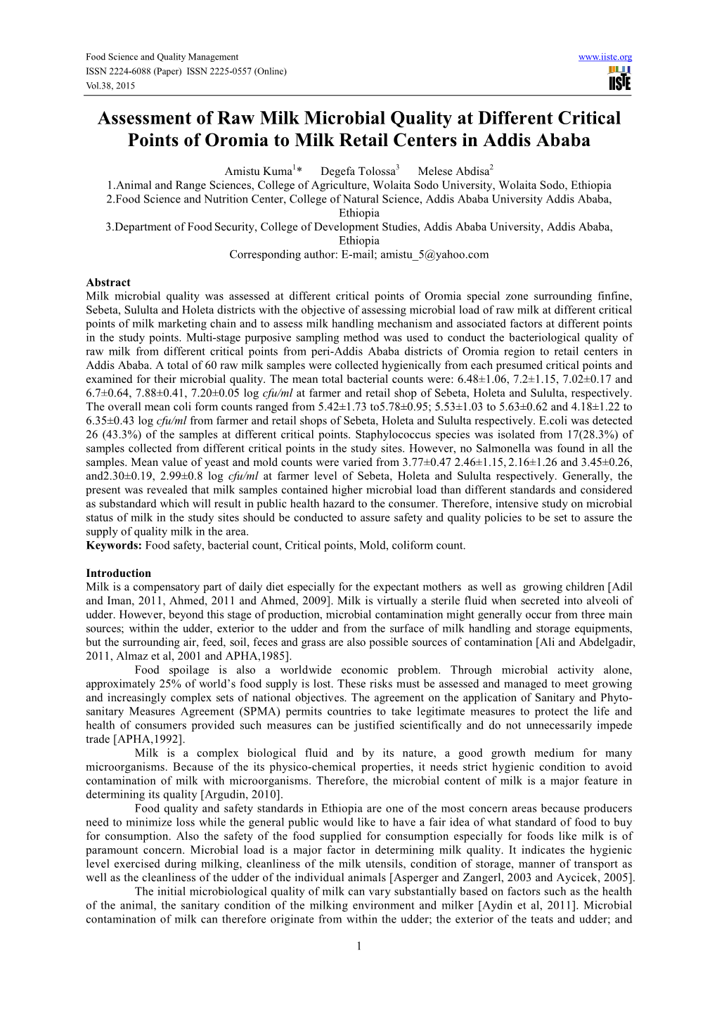 Assessment of Raw Milk Microbial Quality at Different Critical Points of Oromia to Milk Retail Centers in Addis Ababa