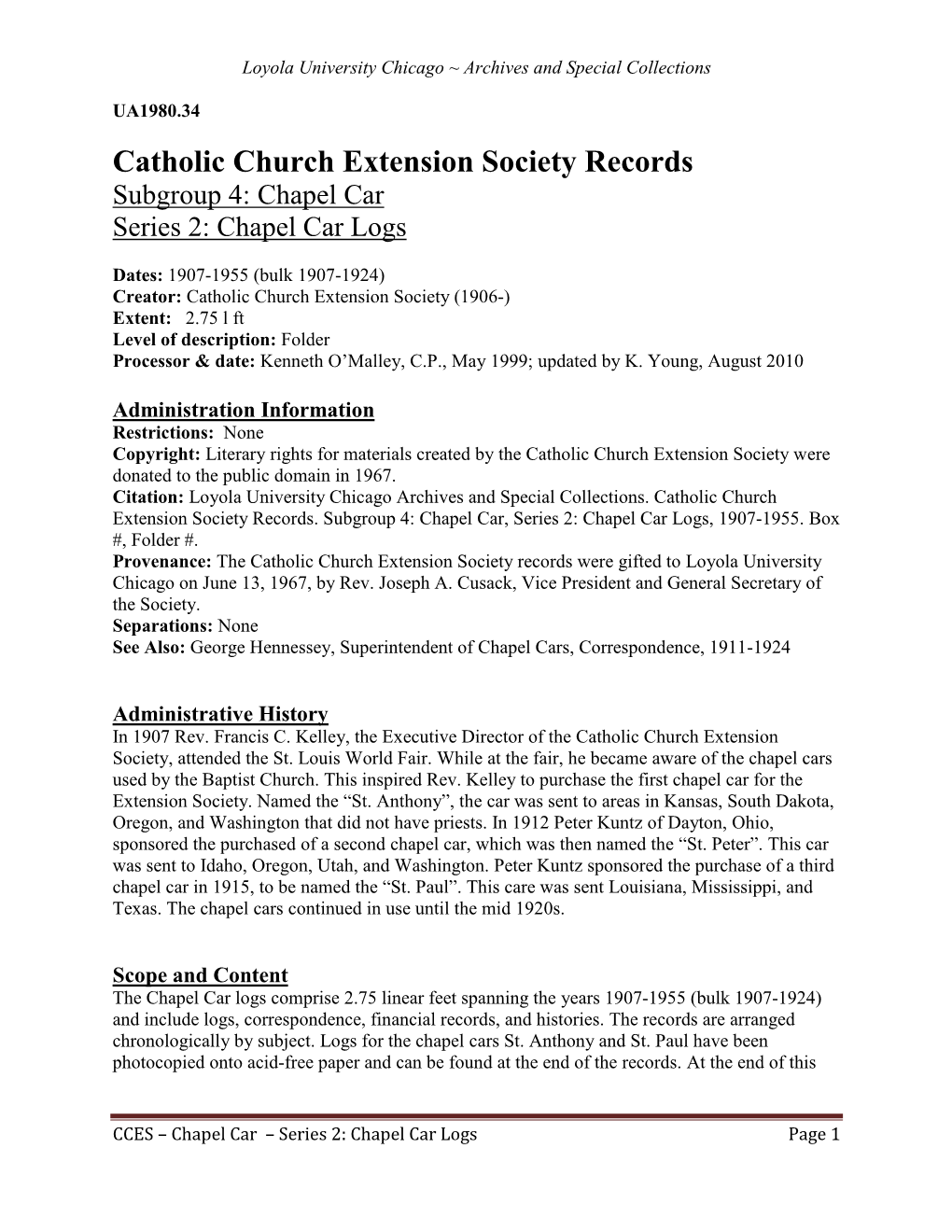 Catholic Church Extension Society: Chapel Car Logs, 1907-1955