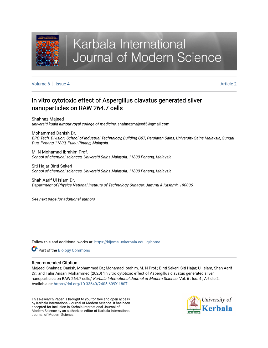 In Vitro Cytotoxic Effect of Aspergillus Clavatus Generated Silver Nanoparticles on RAW 264.7 Cells