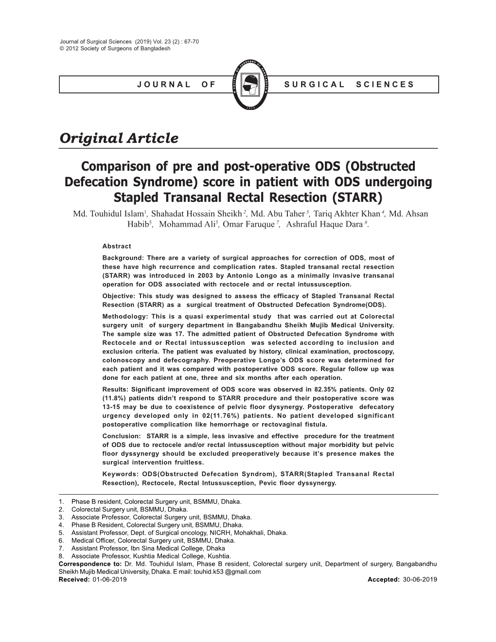 Obstructed Defecation Syndrome) Score in Patient with ODS Undergoing Stapled Transanal Rectal Resection (STARR) Md