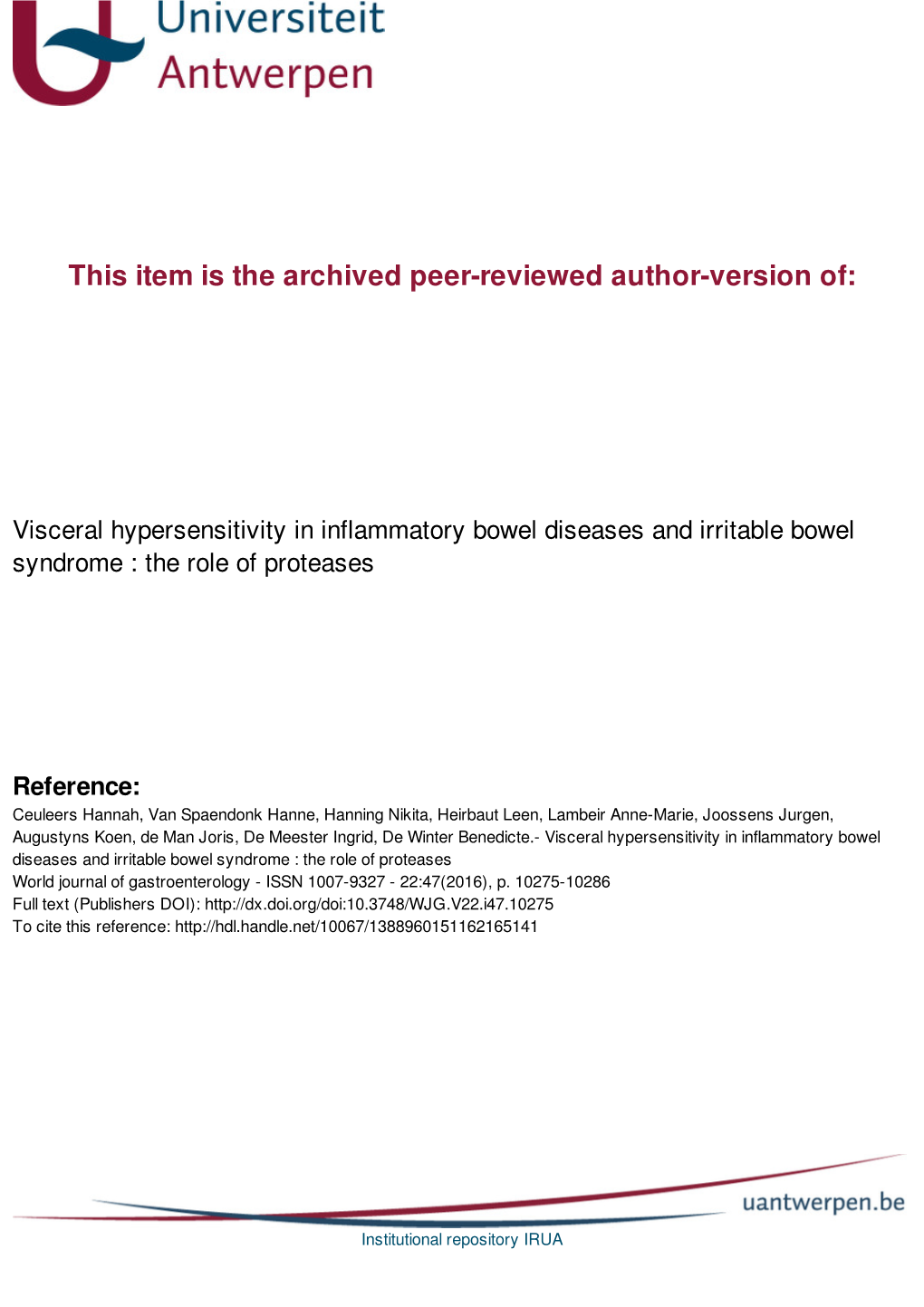 Visceral Hypersensitivity in Inflammatory Bowel Diseases and Irritable Bowel Syndrome : the Role of Proteases