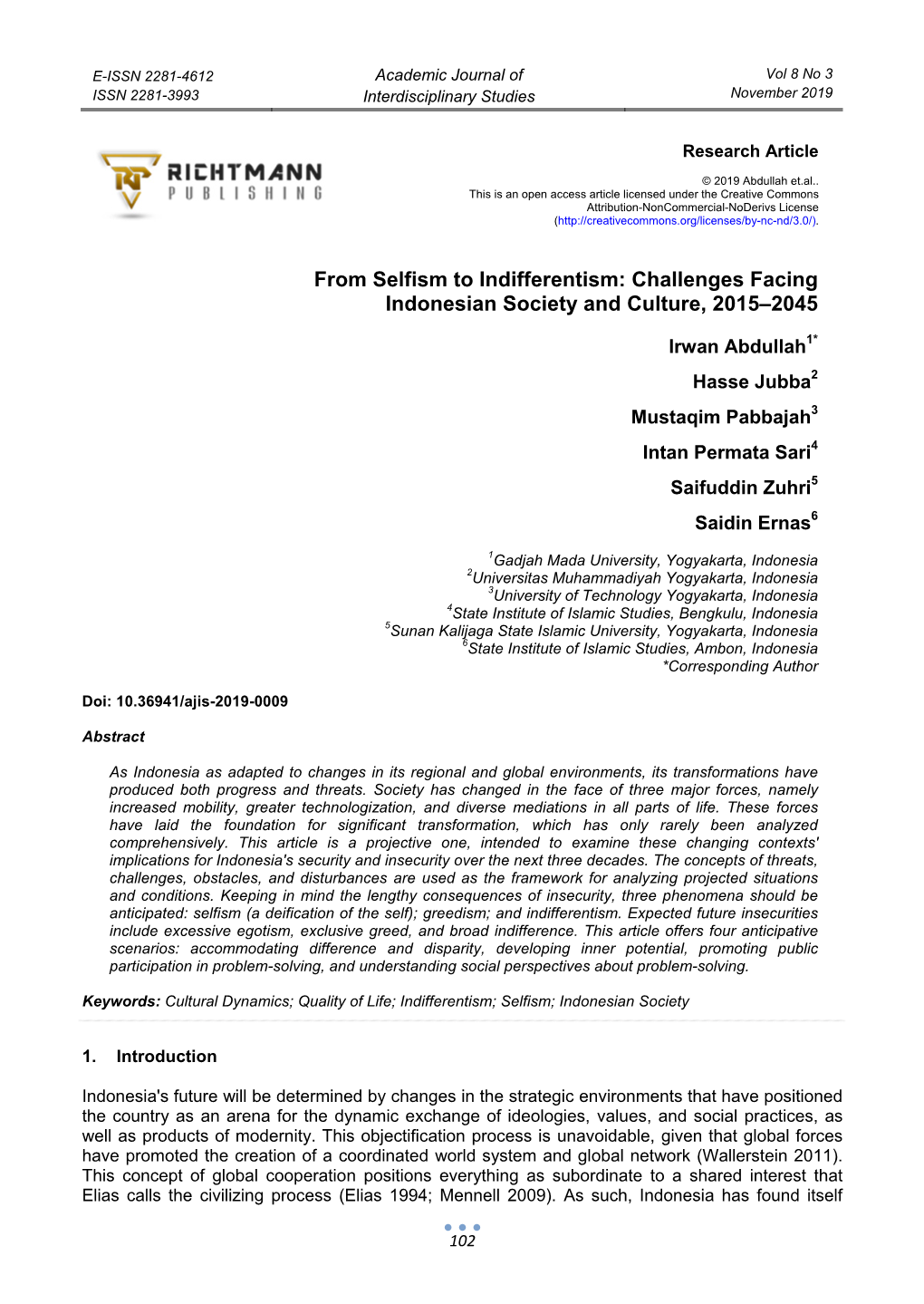 From Selfism to Indifferentism: Challenges Facing Indonesian Society and Culture, 2015–2045