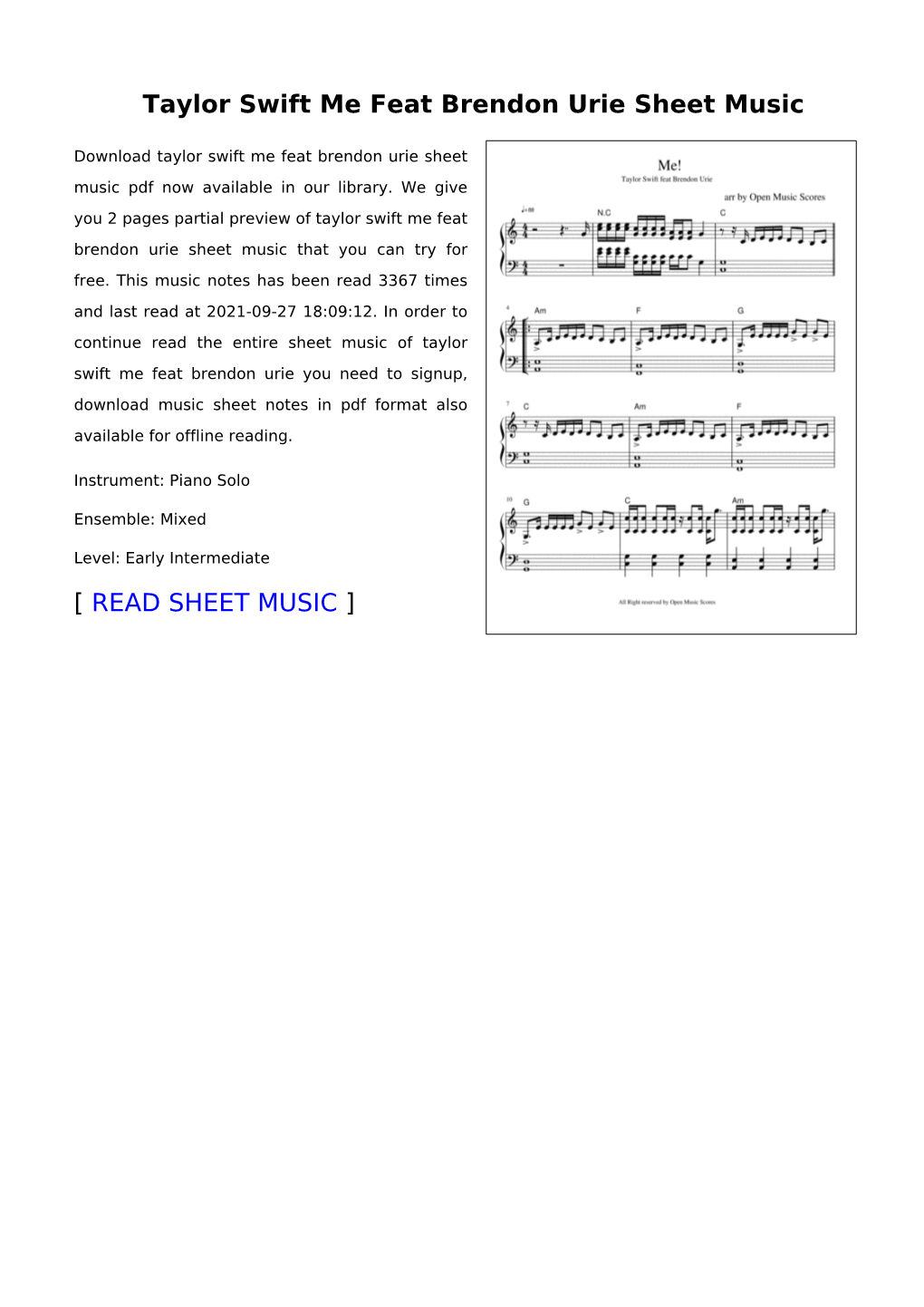 Taylor Swift Me Feat Brendon Urie Sheet Music