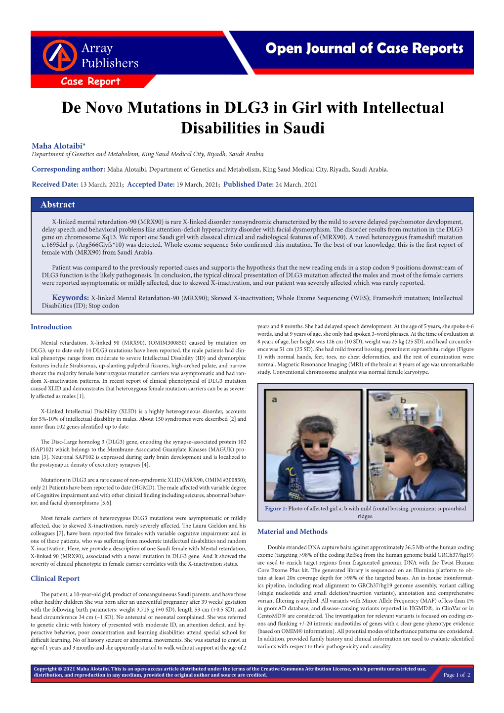 De Novo Mutations in DLG3 in Girl with Intellectual Disabilities in Saudi