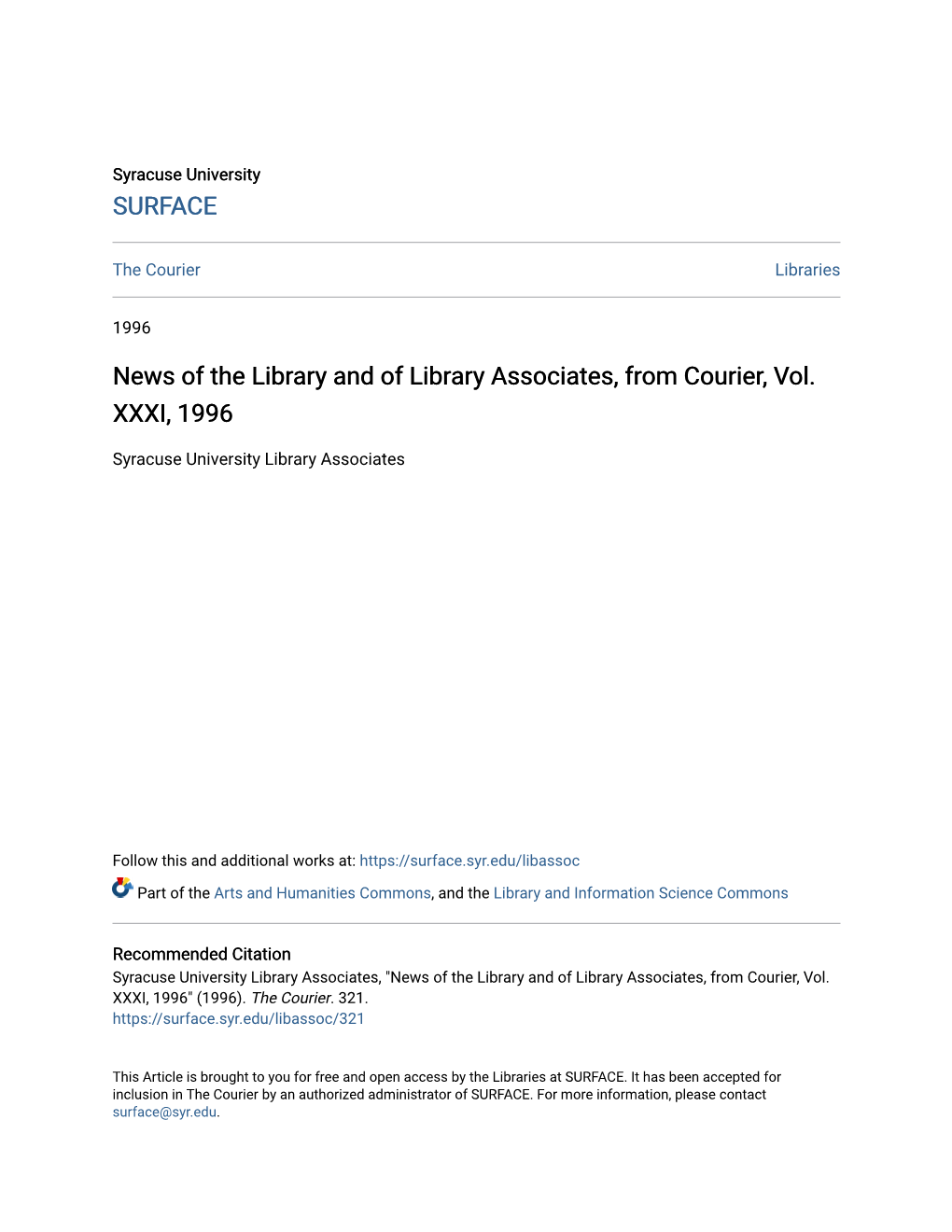 News of the Library and of Library Associates, from Courier, Vol. XXXI, 1996