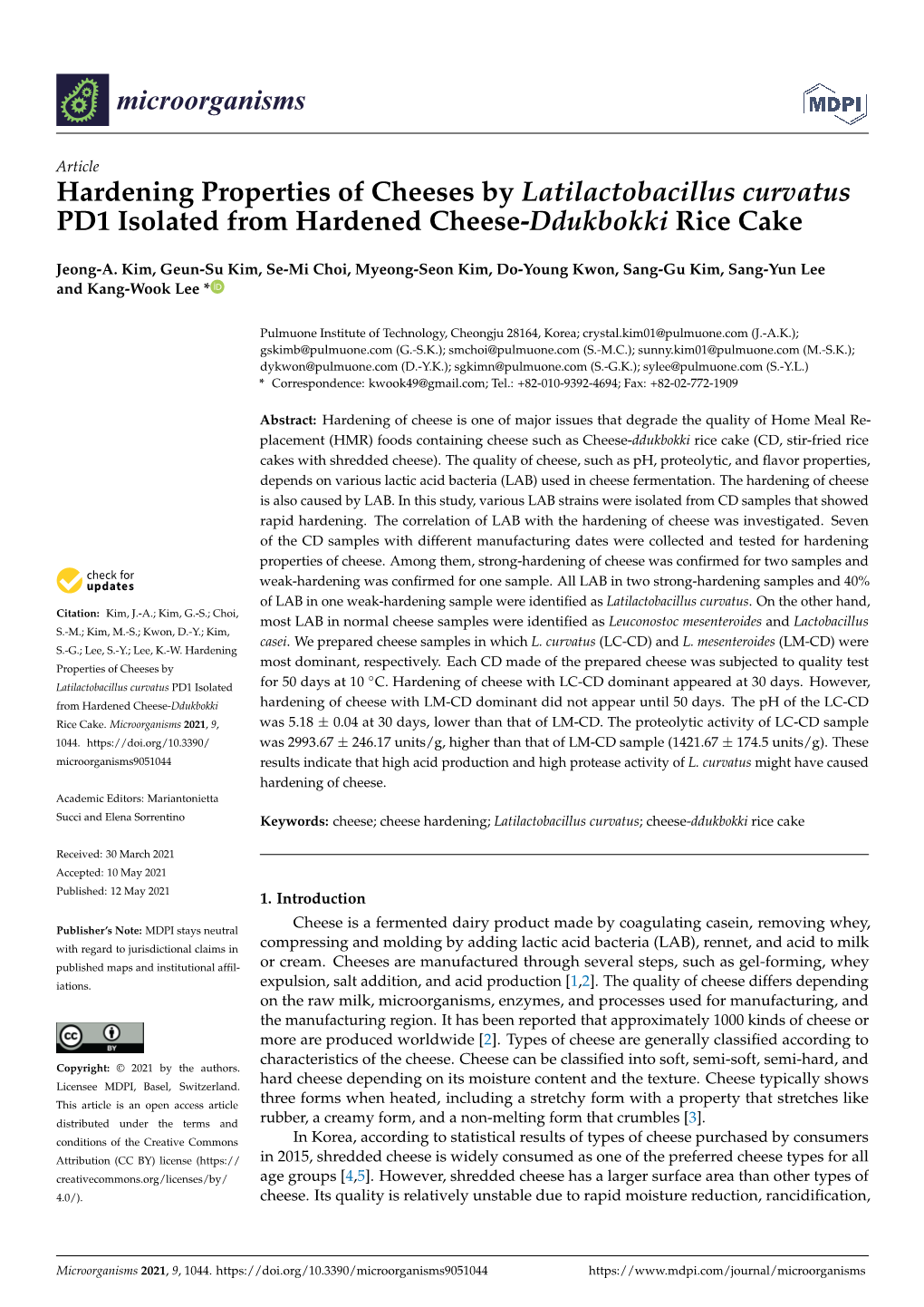 Hardening Properties of Cheeses by Latilactobacillus Curvatus PD1 Isolated from Hardened Cheese-Ddukbokki Rice Cake
