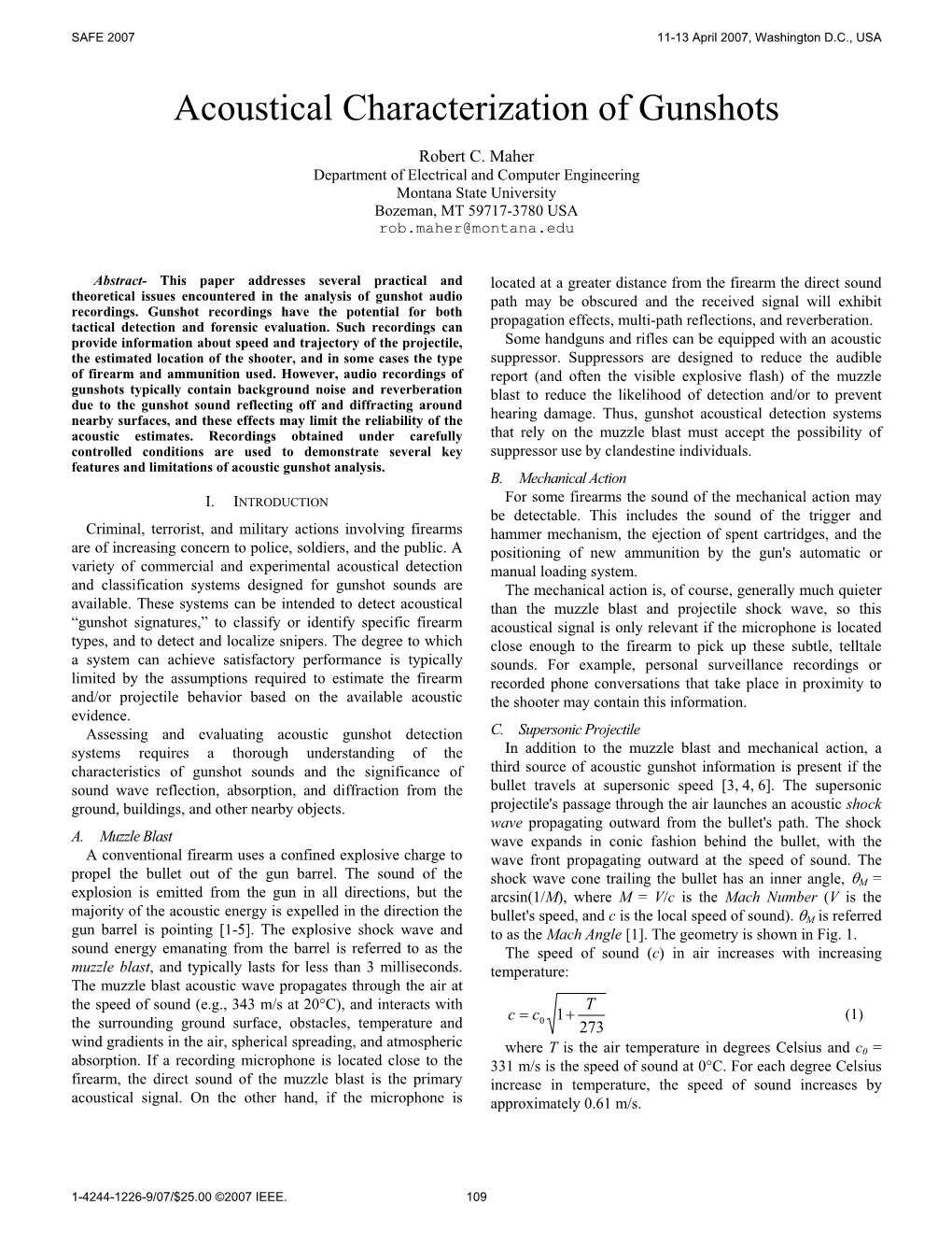 Acoustical Characterization of Gunshots