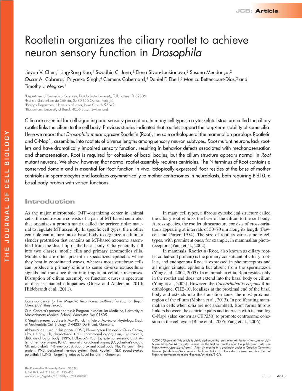 Rootletin Organizes the Ciliary Rootlet to Achieve Neuron Sensory Function in Drosophila