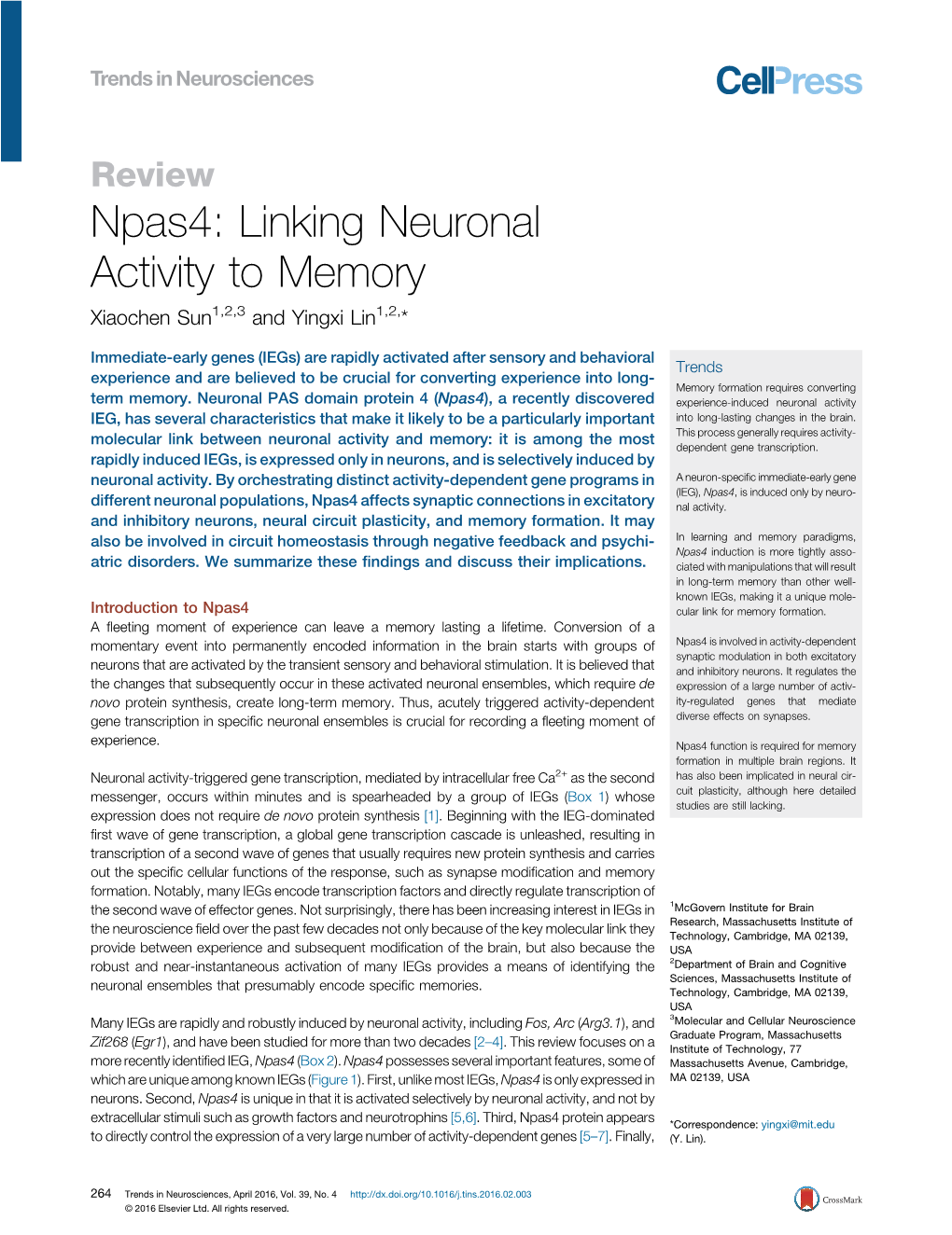 Npas4: Linking Neuronal Activity to Memory