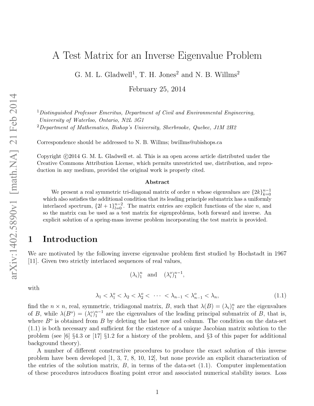 A Test Matrix for an Inverse Eigenvalue Problem