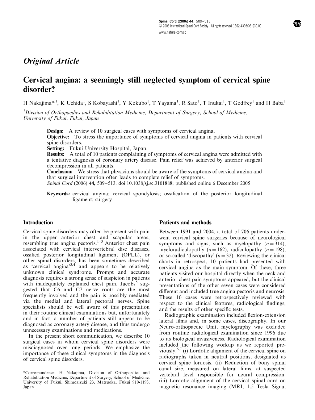 Cervical Angina: a Seemingly Still Neglected Symptom of Cervical Spine Disorder?