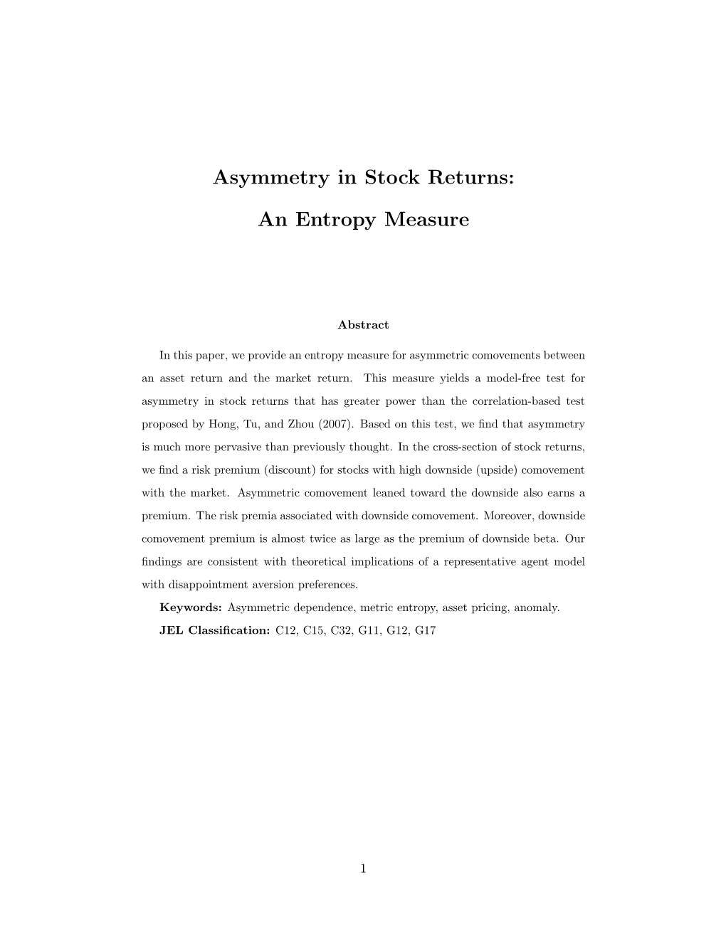 Asymmetry in Stock Returns: an Entropy Measure