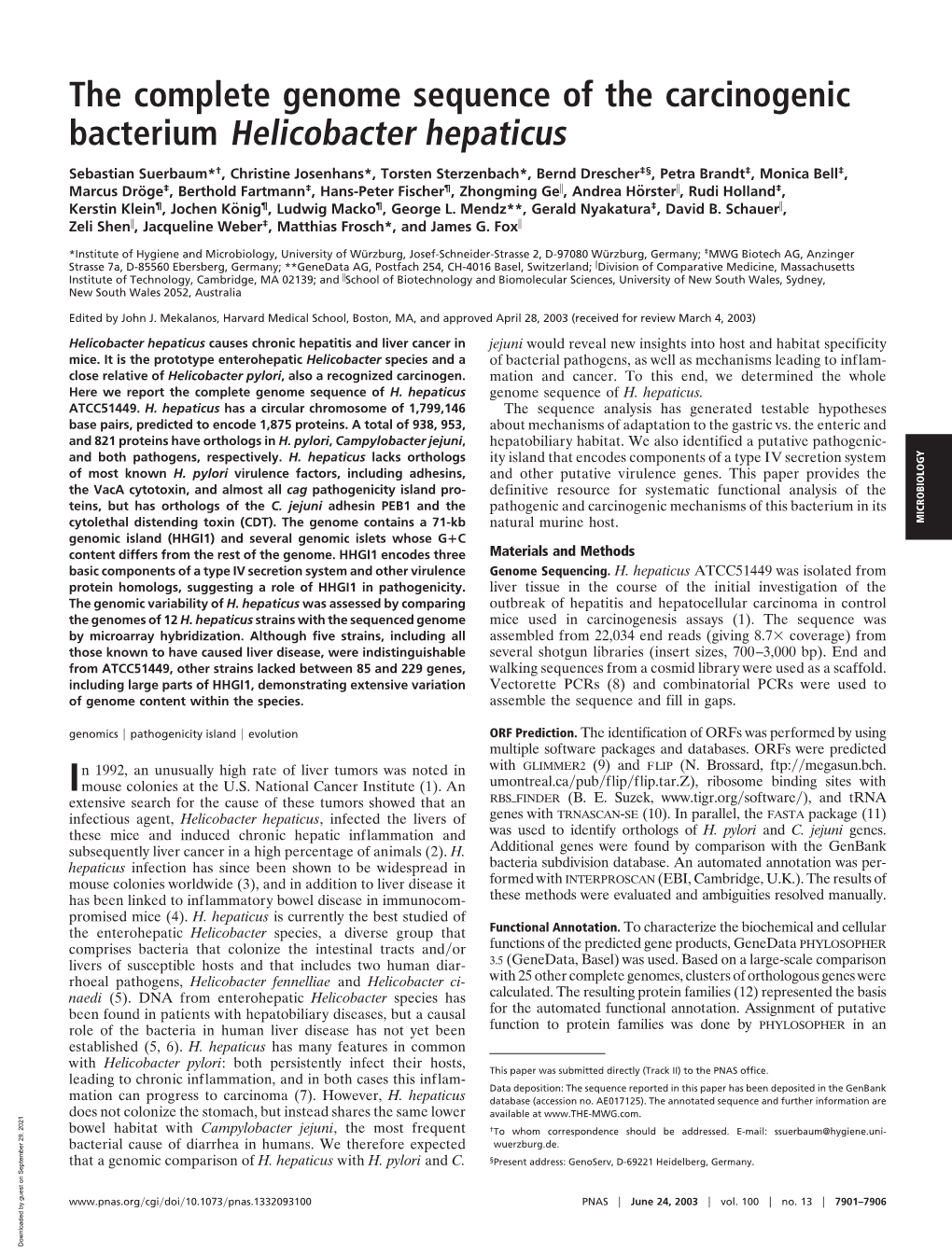 The Complete Genome Sequence of the Carcinogenic Bacterium Helicobacter Hepaticus