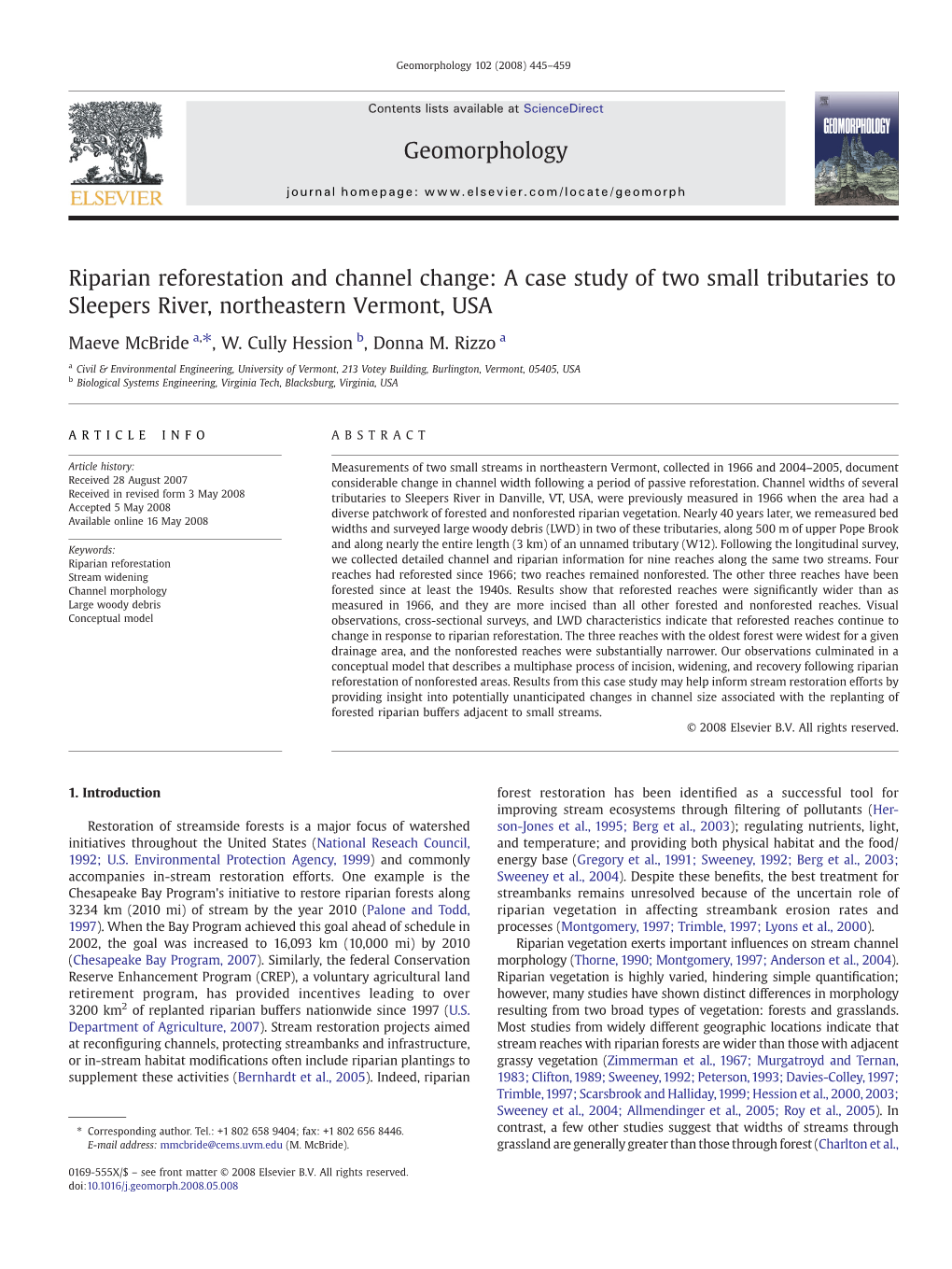 Riparian Reforestation and Channel Change: a Case Study of Two Small Tributaries to Sleepers River, Northeastern Vermont, USA