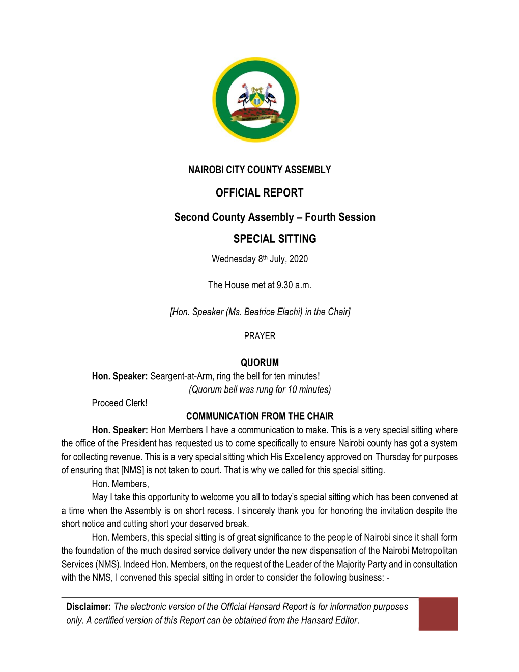 OFFICIAL REPORT Second County Assembly