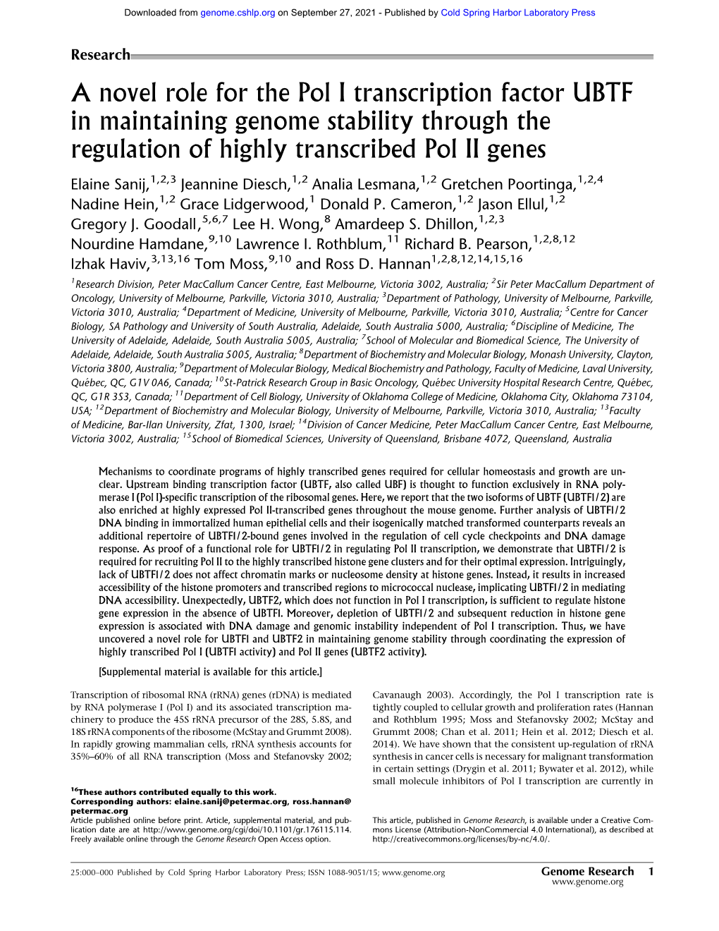 A Novel Role for the Pol I Transcription Factor UBTF in Maintaining Genome Stability Through the Regulation of Highly Transcribed Pol II Genes